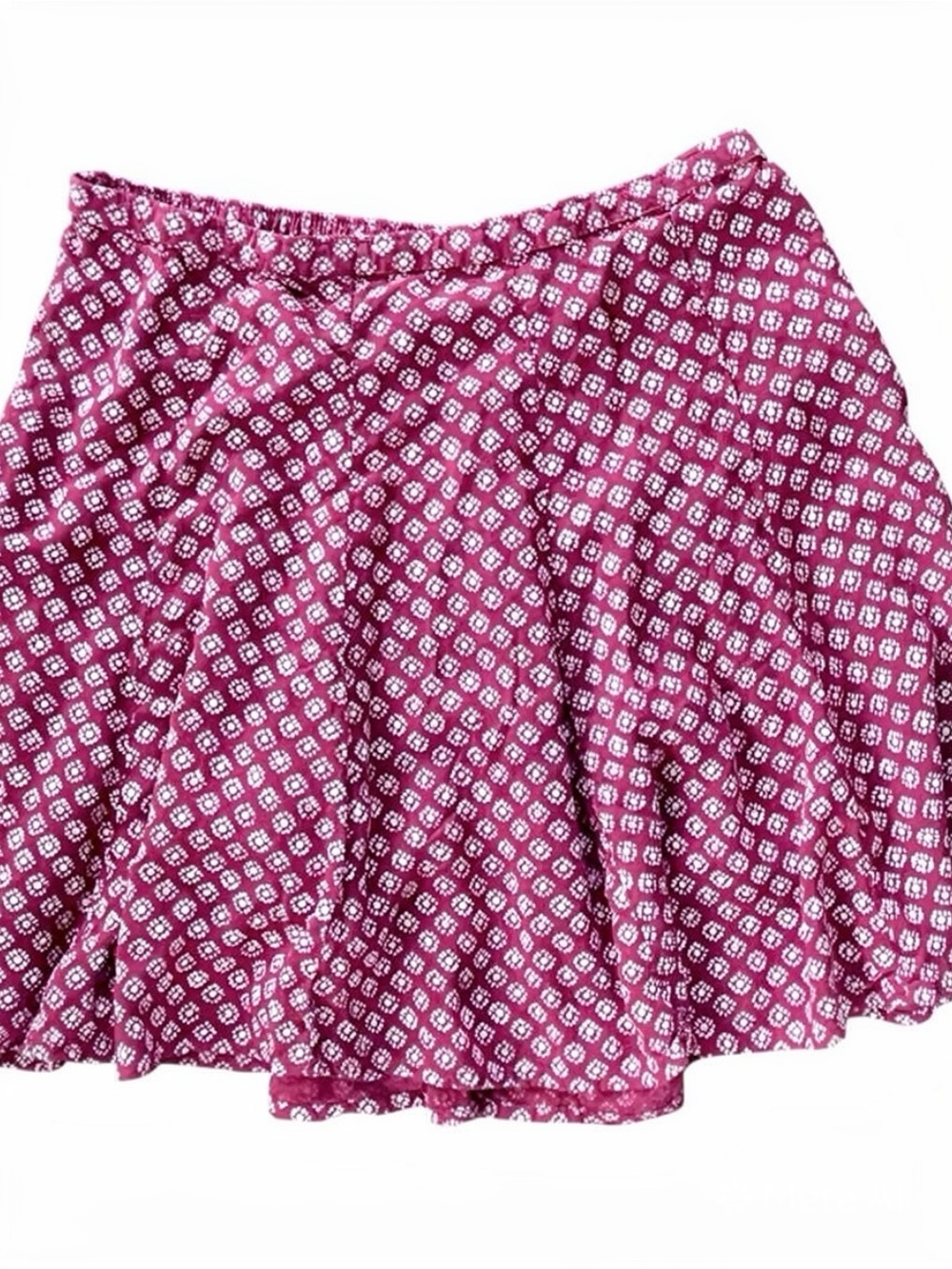 Boho Mini Skirt Size Small – Burgundy Geometric Print Flowy Waist